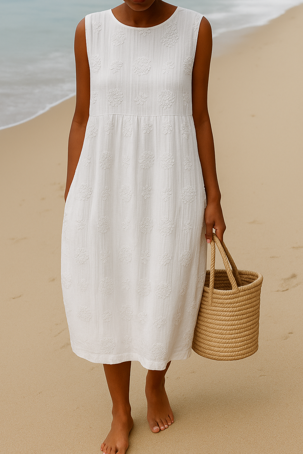 Véline | Midi Sleeveless Dress for Women - Textured Embroidered Regular Casual Summer Fit-Midi Dresses-White-S-Camoufit