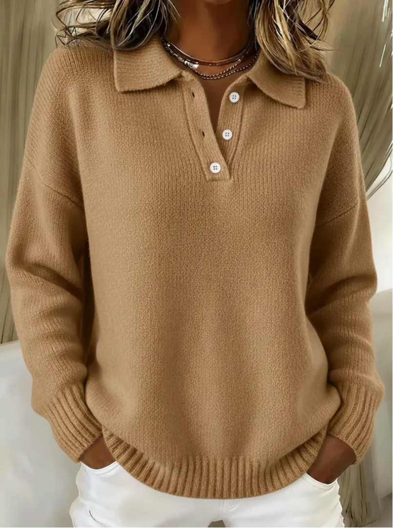 Penelope | Knit Polo Sweater Women Soft Stretch Elegant Fit-Women's Sweater-Beige-S-Camoufit