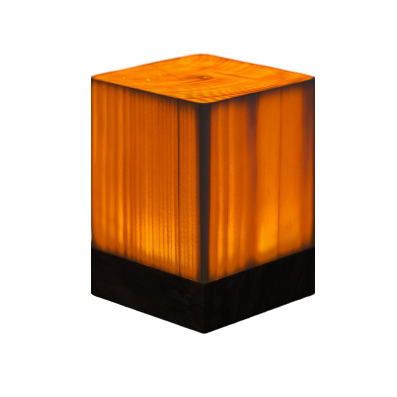 Cube-like square wood-look LED lamp with warm glow and wood-grain sides