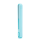 Mini 2-in-1 travel curling and straightening iron in light blue, upright front view.