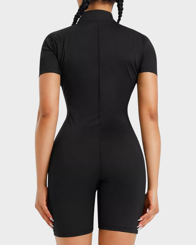 Black full-body shaper sauna jumpsuit, back view, short sleeves and central seam