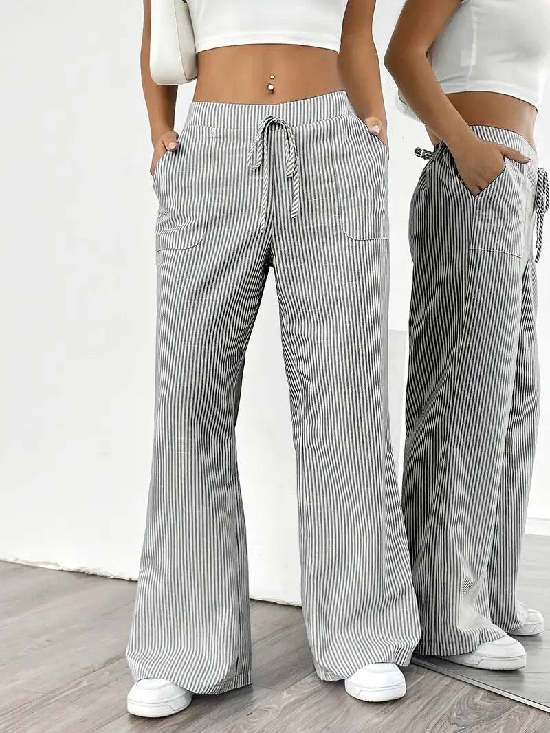 Isola | Wide Leg Trousers for Women - Striped Flared Drawstring Boho Beach Summer Fit-Women's Pants-Yellow-S-Camoufit