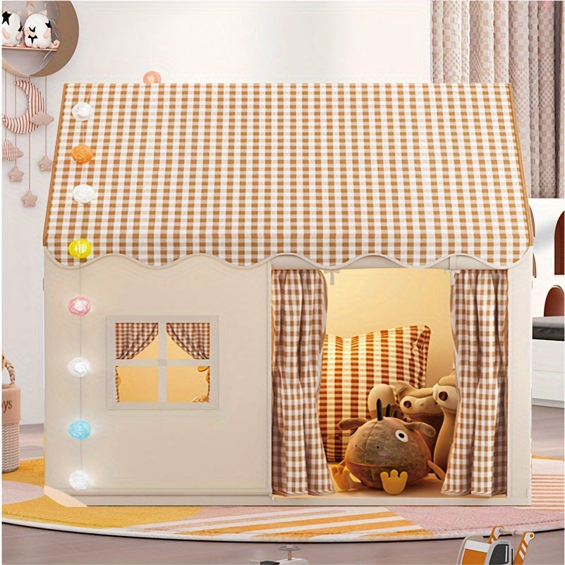 Kids play tent with striped curtains, gingham roof, and multicolor light string