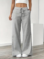 Isola | Wide Leg Trousers for Women - Striped Flared Drawstring Boho Beach Summer Fit-Women's Pants-Grey-S-Camoufit