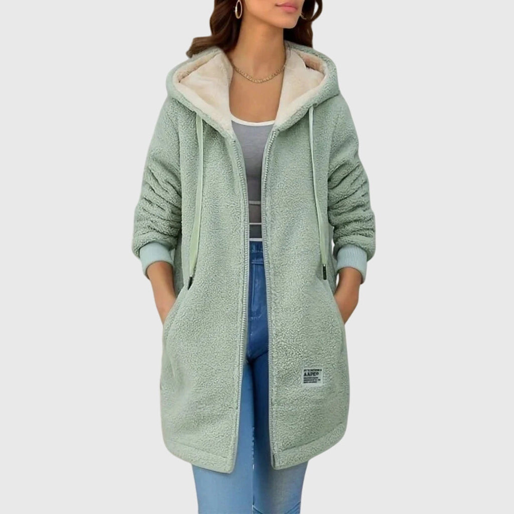 Women's teddy coat with hood, light green sherpa fleece, full-zip front and side pockets