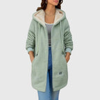 Women's teddy coat with hood, light green sherpa fleece, full-zip front and side pockets