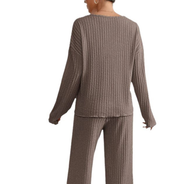 Amélis | Soft Knit Set for Women - V Neck Ribbed Sweater Trousers Relaxed Cosy Two Piece Fit-Loungewear set-Beige-S-Camoufit