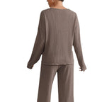 Amélis | Soft Knit Set for Women - V Neck Ribbed Sweater Trousers Relaxed Cosy Two Piece Fit-Loungewear set-Beige-S-Camoufit