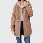 Women's teddy coat with hood, tan sherpa fleece, full-zip front and side pockets