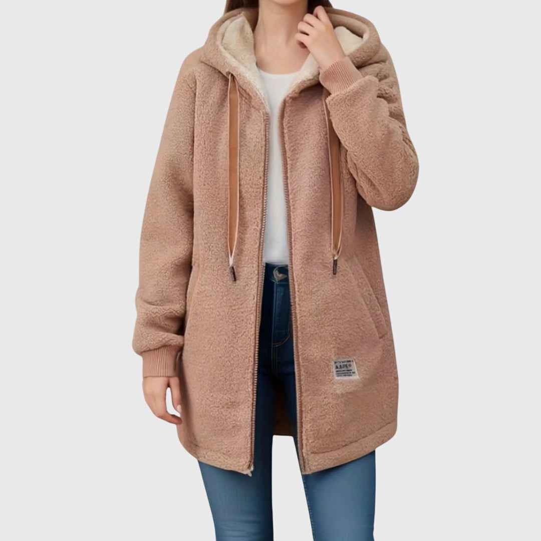 Women's teddy coat with hood, tan sherpa fleece, full-zip front and side pockets