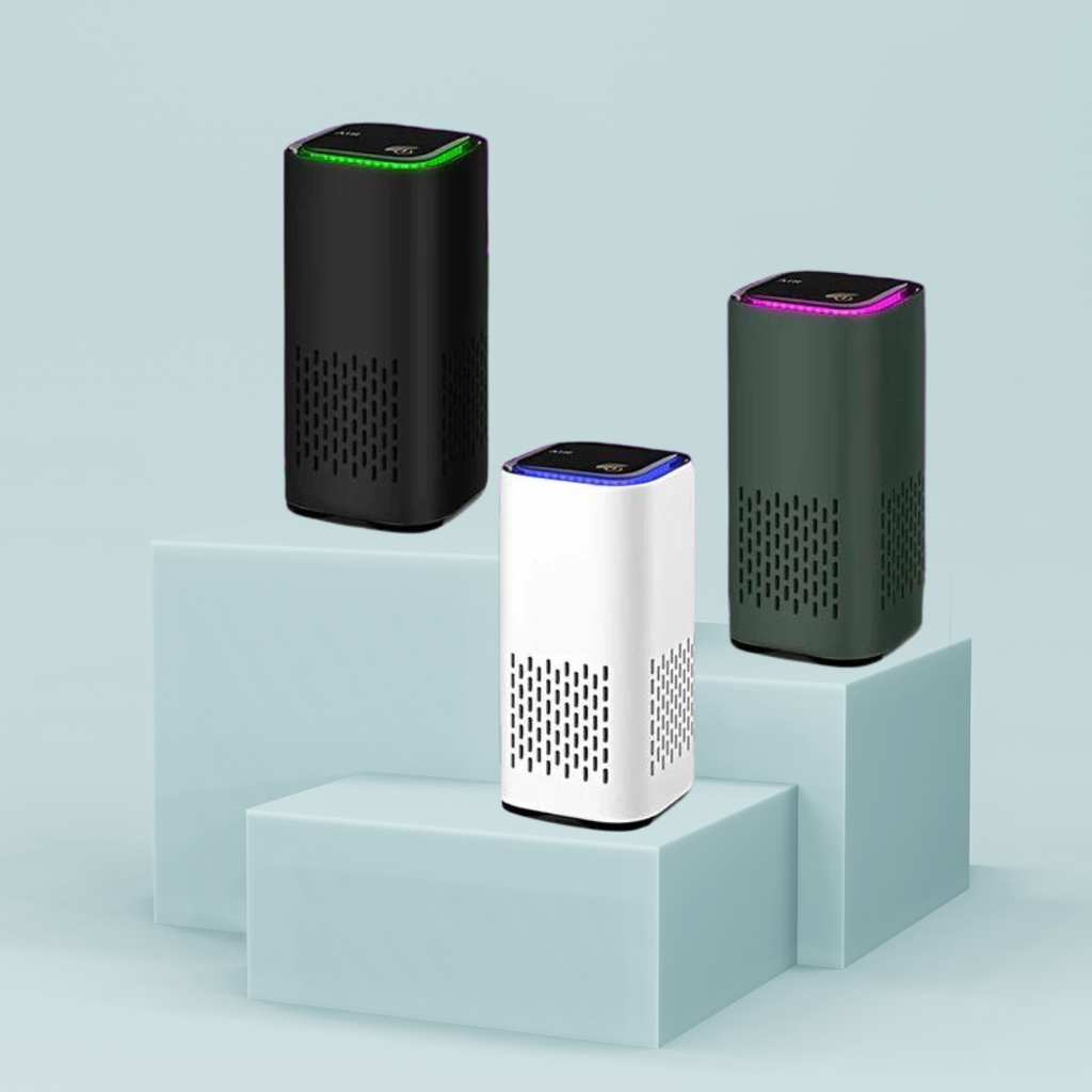 Pet air purifier with three colors and glowing top LEDs, cylindrical with vent grilles