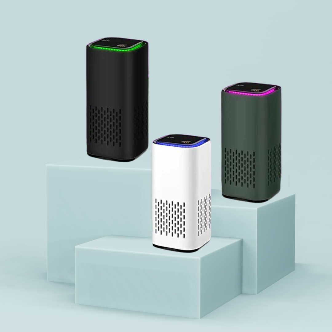 Pet air purifier with three colors and glowing top LEDs, cylindrical with vent grilles