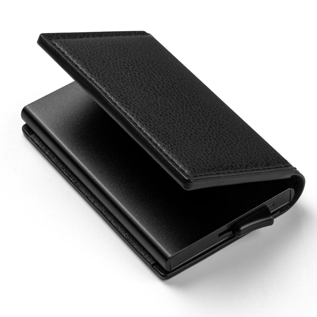 Black slim wallet with snap button and smooth leather cover front corner