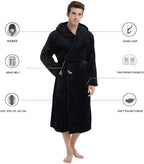 Men's dark fleece robe with hood, wrap belt, and two front pockets