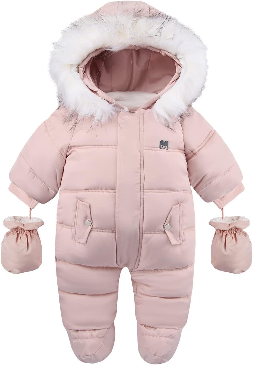 Baby snowsuit with fur-trim hood, pastel pink, front zipper and attached mitts