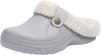 Light gray slip-on clogs with cream sherpa cuff and round snap button on strap