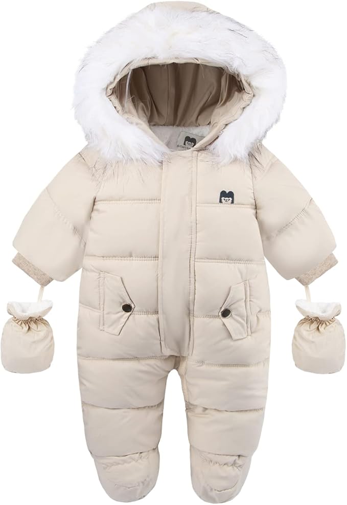 Baby snowsuit with fur-trim hood, light beige, front zipper and pocket details