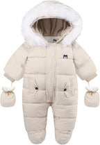 Baby snowsuit with fur-trim hood, cream color, front zipper and chest pockets