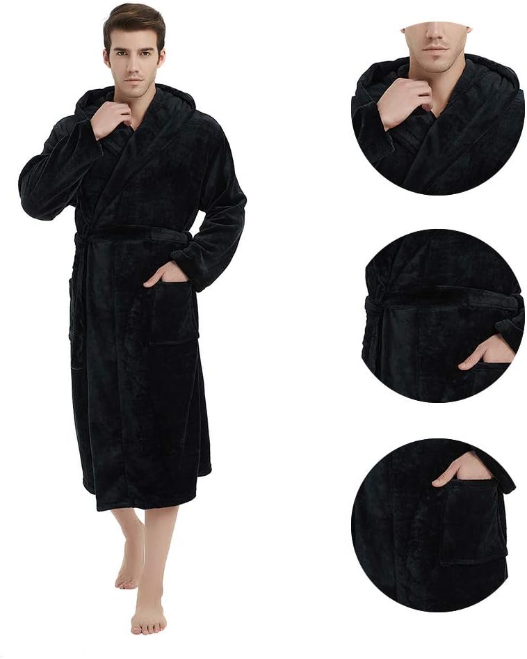Men's dark fleece bathrobe hood and pocket detail with wrap belt