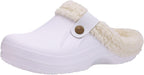 White slip-on clogs with cream plush lining and round button side detail