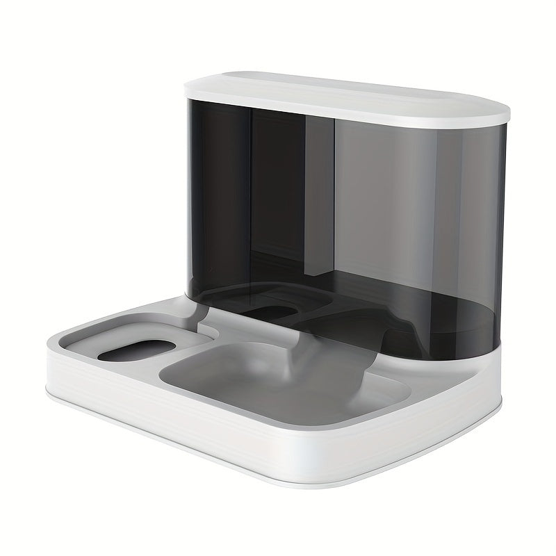 2-in-1 pet feeder and water dispenser, white base with dark transparent reservoir.