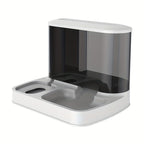 2-in-1 pet feeder and water dispenser, white base with dark transparent reservoir.