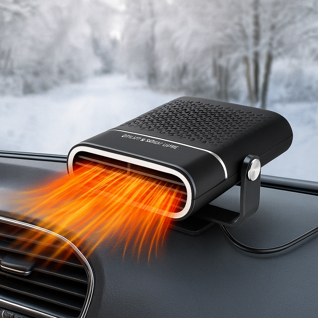 Black car heater fan mounted on dashboard with bright orange heat stream
