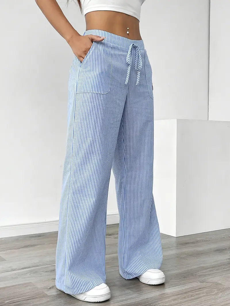 Isola | Wide Leg Trousers for Women - Striped Flared Drawstring Boho Beach Summer Fit-Women's Pants-Yellow-S-Camoufit