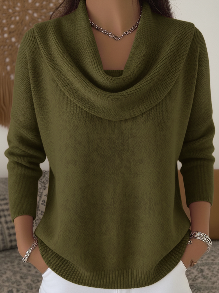Green long-sleeve cowl-neck sweater with layered drape cowl neckline