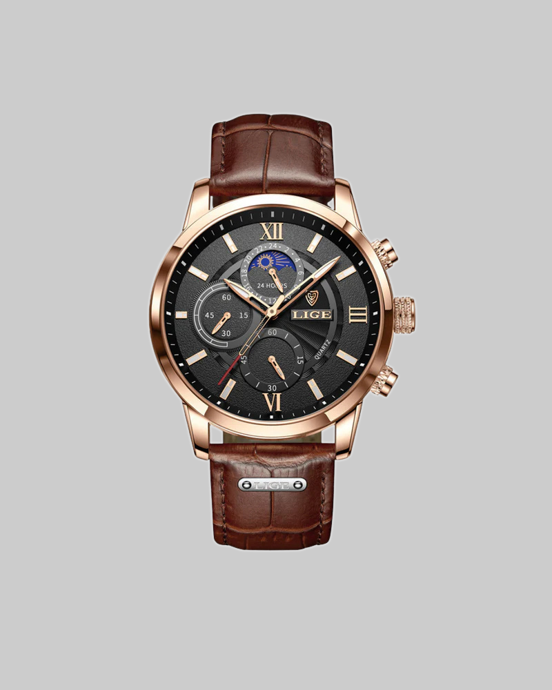 Alvero | Chronograph Watch for Men - Sun Moon Dial Brown Strap Waterproof Regular Fit-Men's Watches-Brown / Black-Camoufit