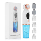 Hydrodermabrasion pore vacuum facial device with white body, rose-gold nozzle and blue tank