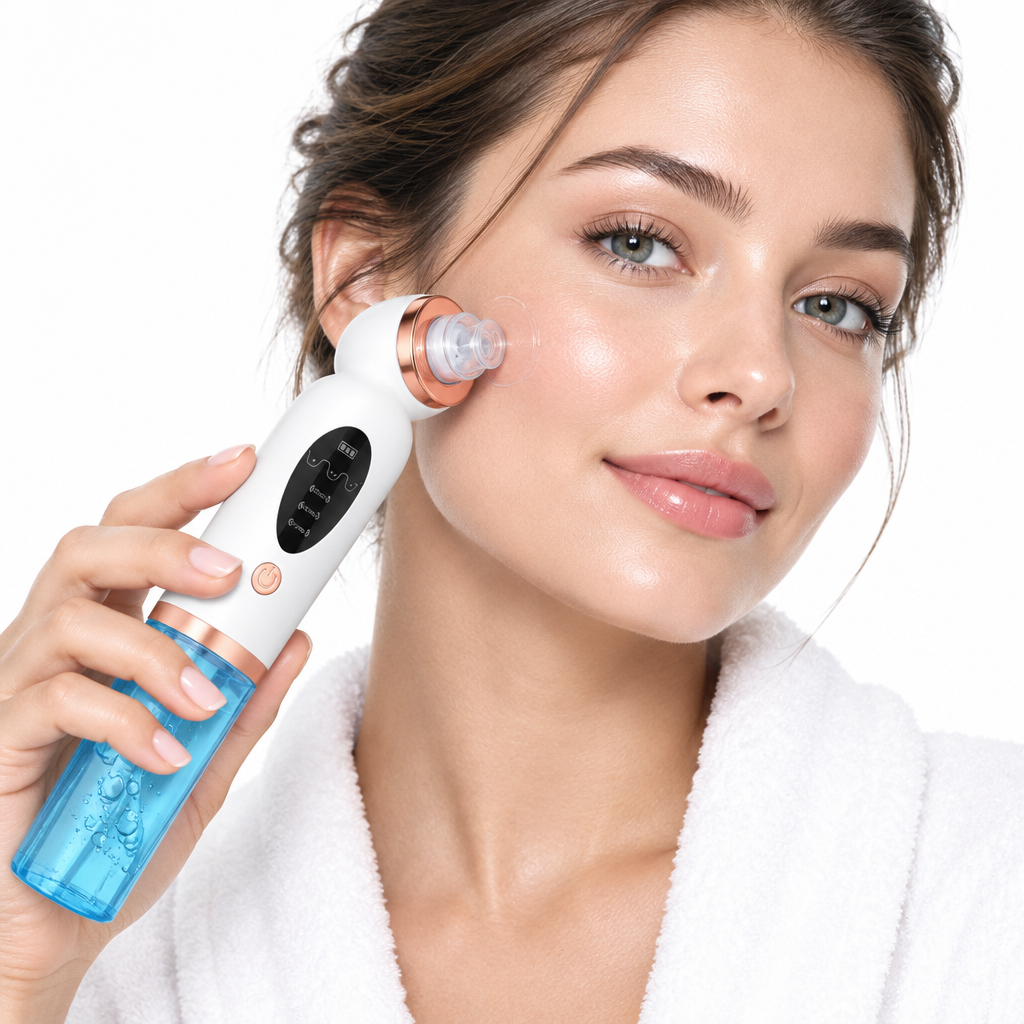 HydraGlow handheld hydrodermabrasion and pore vacuum device with water reservoir, nozzle near face