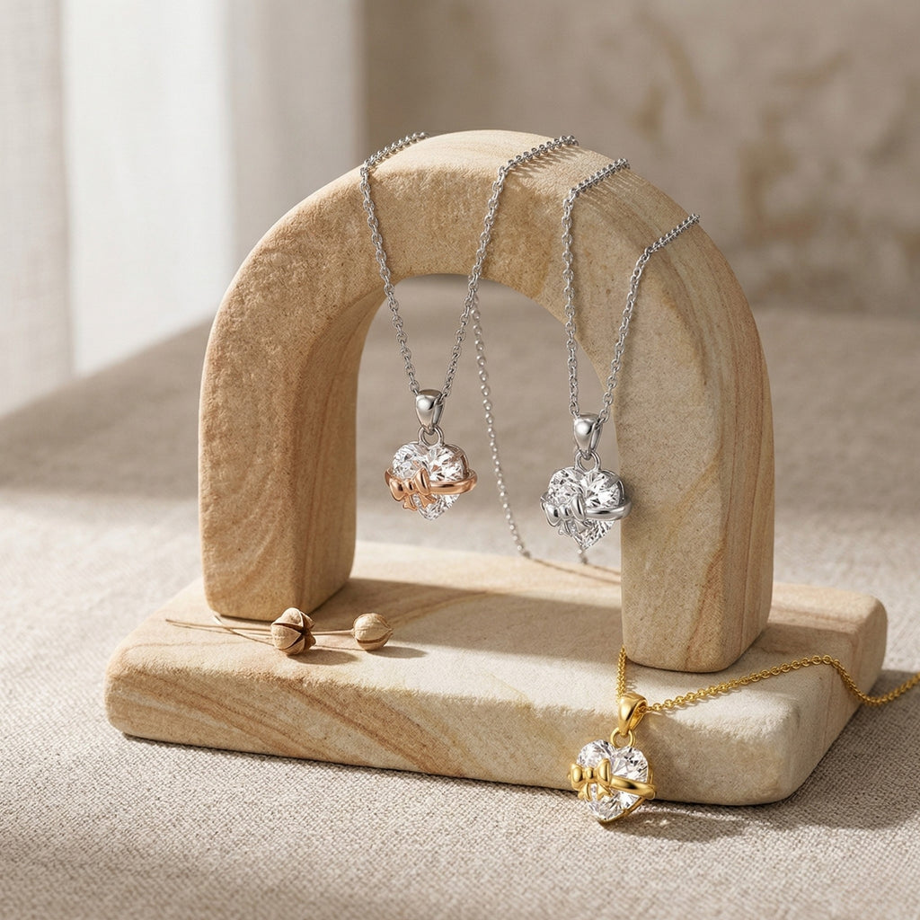 Yavina | Heart Necklace for Women - Gold Bow Sparkling Stone Delicate Elegant Fit-Necklaces-Gold-Camoufit
