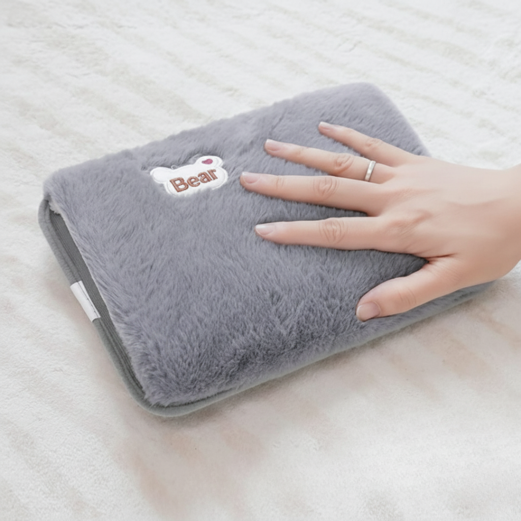 Rechargeable hot water heating pad with gray fleece cover and Bear patch