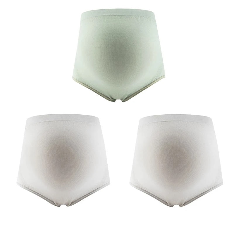 Maternity high-waisted over-bump briefs, 3-pack in sage and two light gray briefs