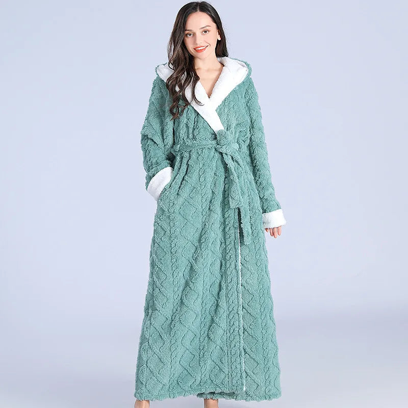 Women's hooded flannel robe, teal green, belted wrap with hood and long sleeves