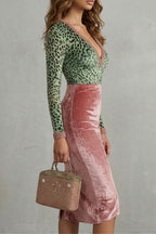 Rovina | Bodycon Midi Dress for Women - Leopard Velvet V Neck Long Sleeve Elegant Flattering Fit-Midi Dresses-Pink-XS-Camoufit