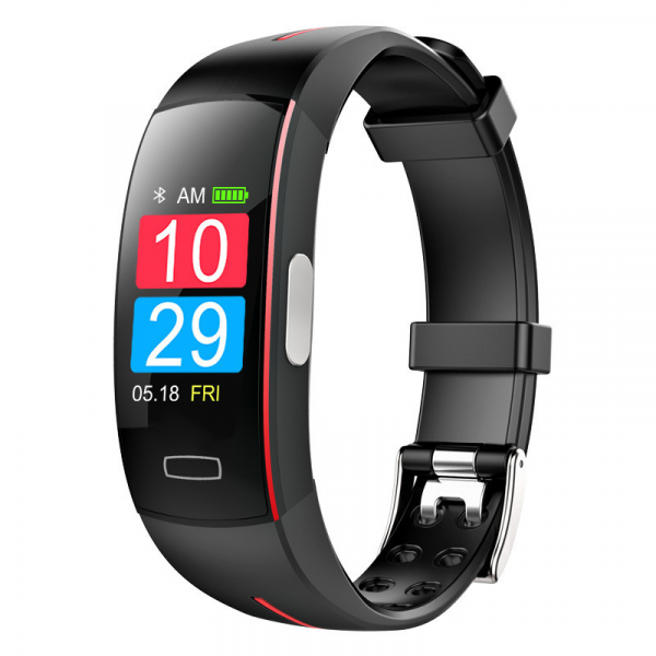 Black smart fitness tracker with OLED screen showing time and date with red/blue numbers