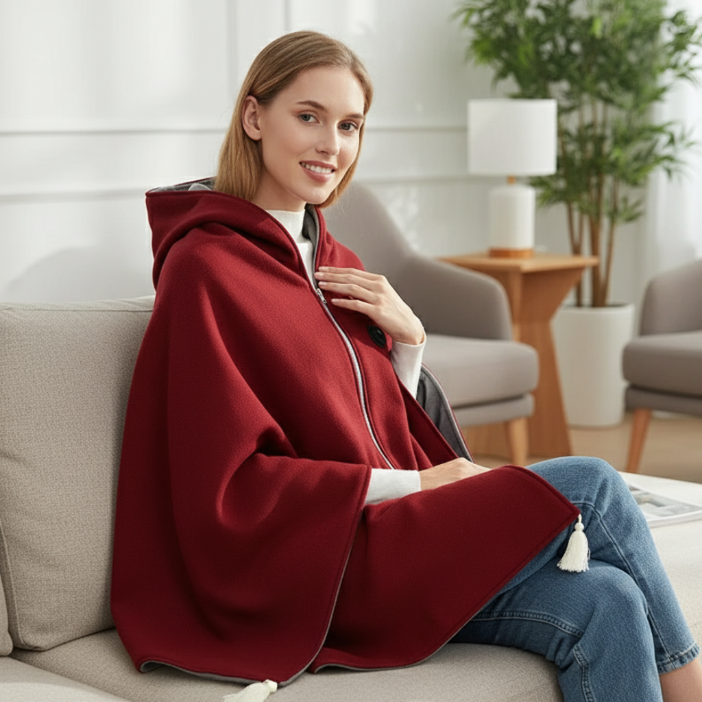 Red USB heated blanket throw with front zipper and tassel-trim pull tab