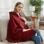 Red USB heated blanket throw with front zipper and tassel-trim pull tab