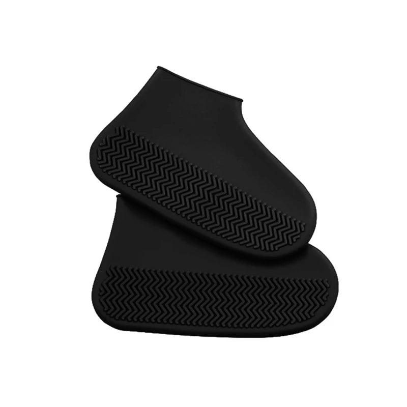 Reusable black waterproof shoe covers with elastic cuff and textured sole tread