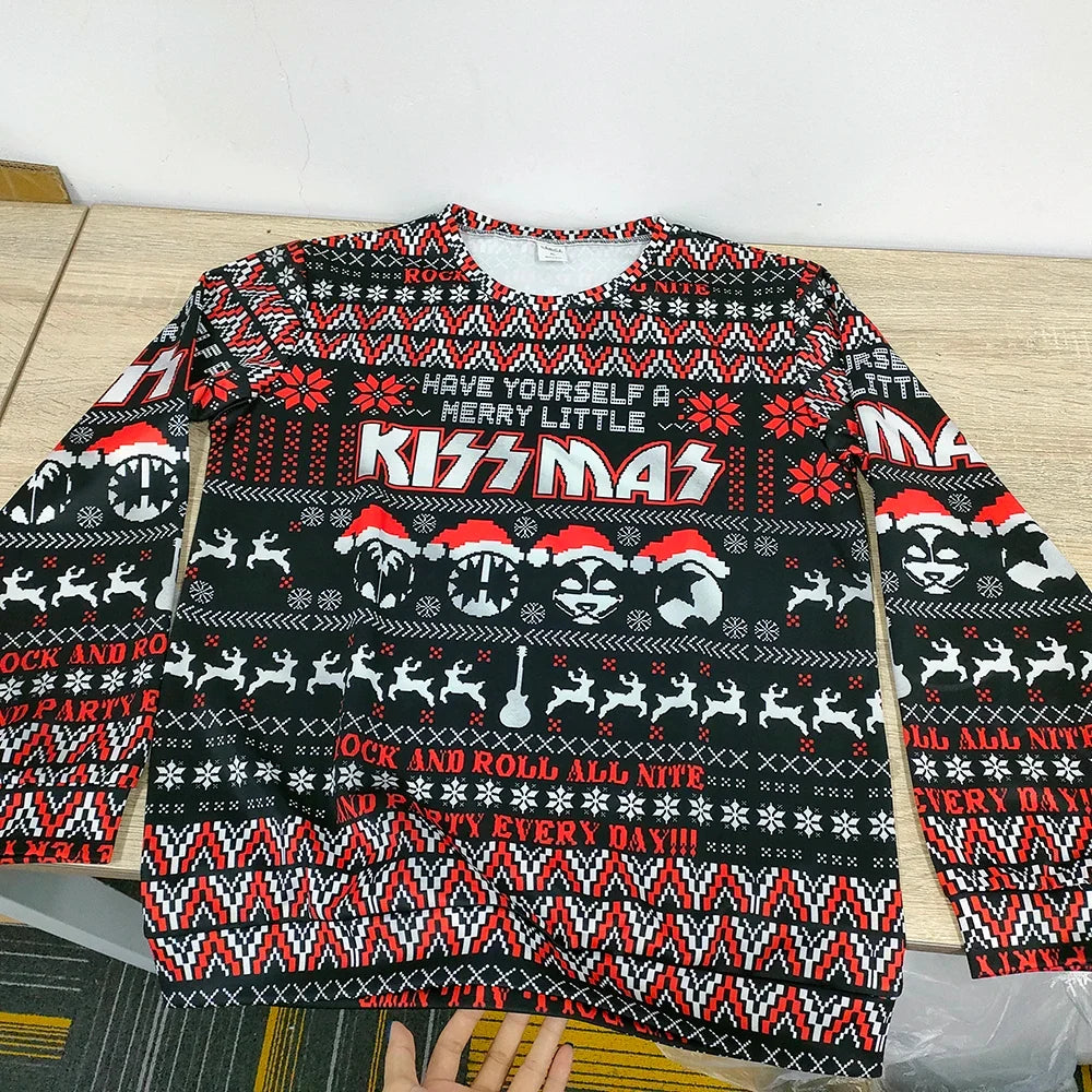 Kissmas rock Christmas sweater in black, red, and white fair isle knit.
