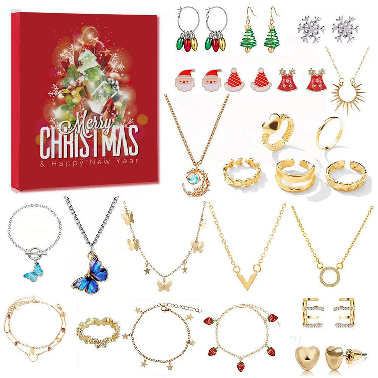 Jewelry assortment with gold-tone necklaces, earrings, bracelets beside red Christmas calendar