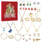 Jewelry assortment with gold-tone necklaces, earrings, bracelets beside red Christmas calendar