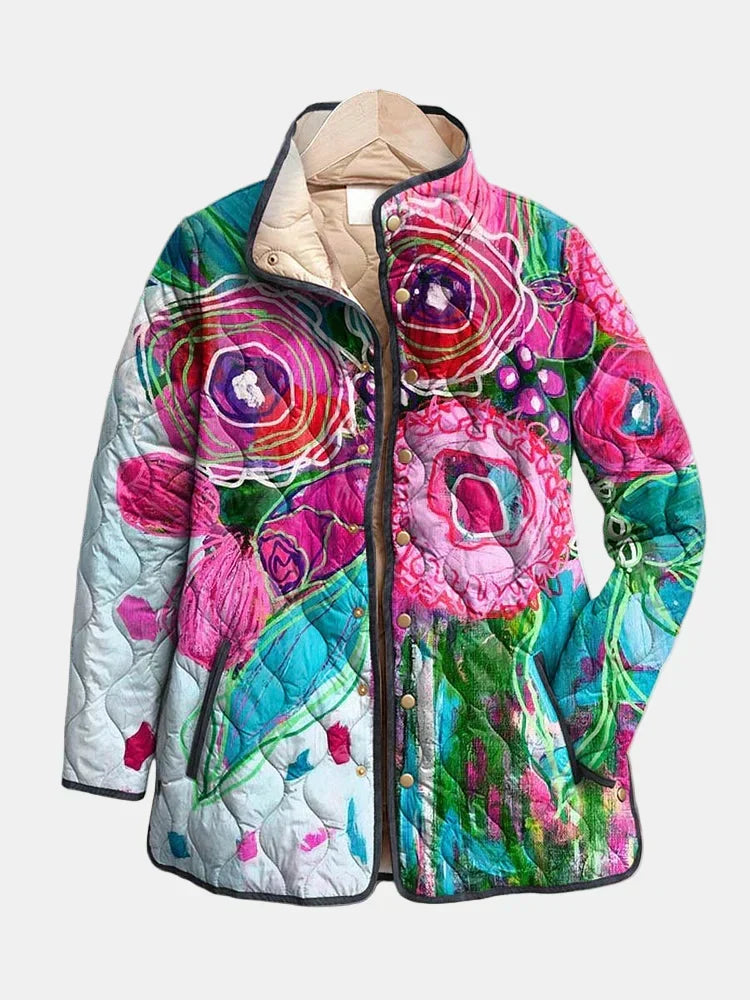 Bersh | Women's Abstract Floral Quilted Jacket - Lightweight Padded Cotton Bomber & Fall Coat
