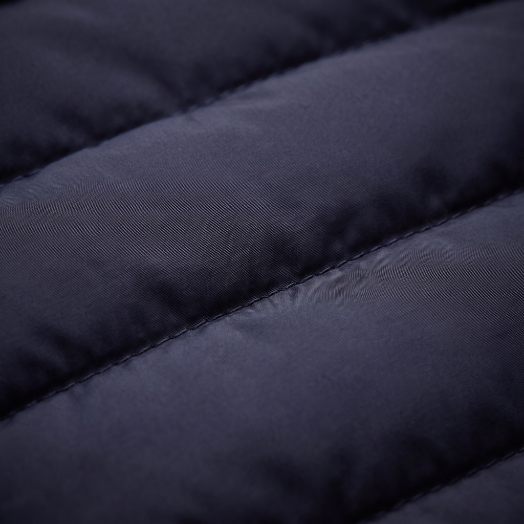 Quilted puffer jacket fabric close-up in dark navy with stitched baffles