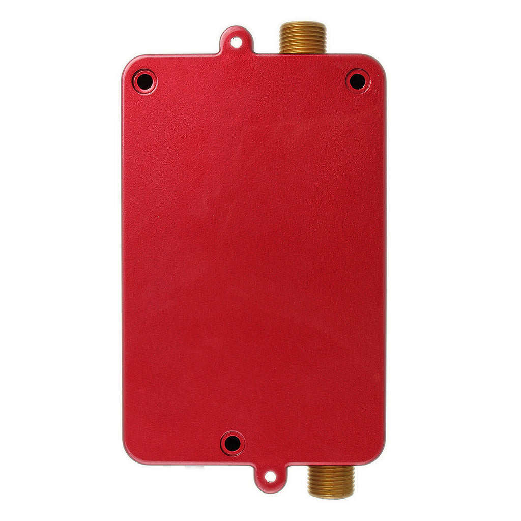 Tankless electric water heater back panel with mounting holes and brass threaded outlets