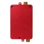 Tankless electric water heater back panel with mounting holes and brass threaded outlets