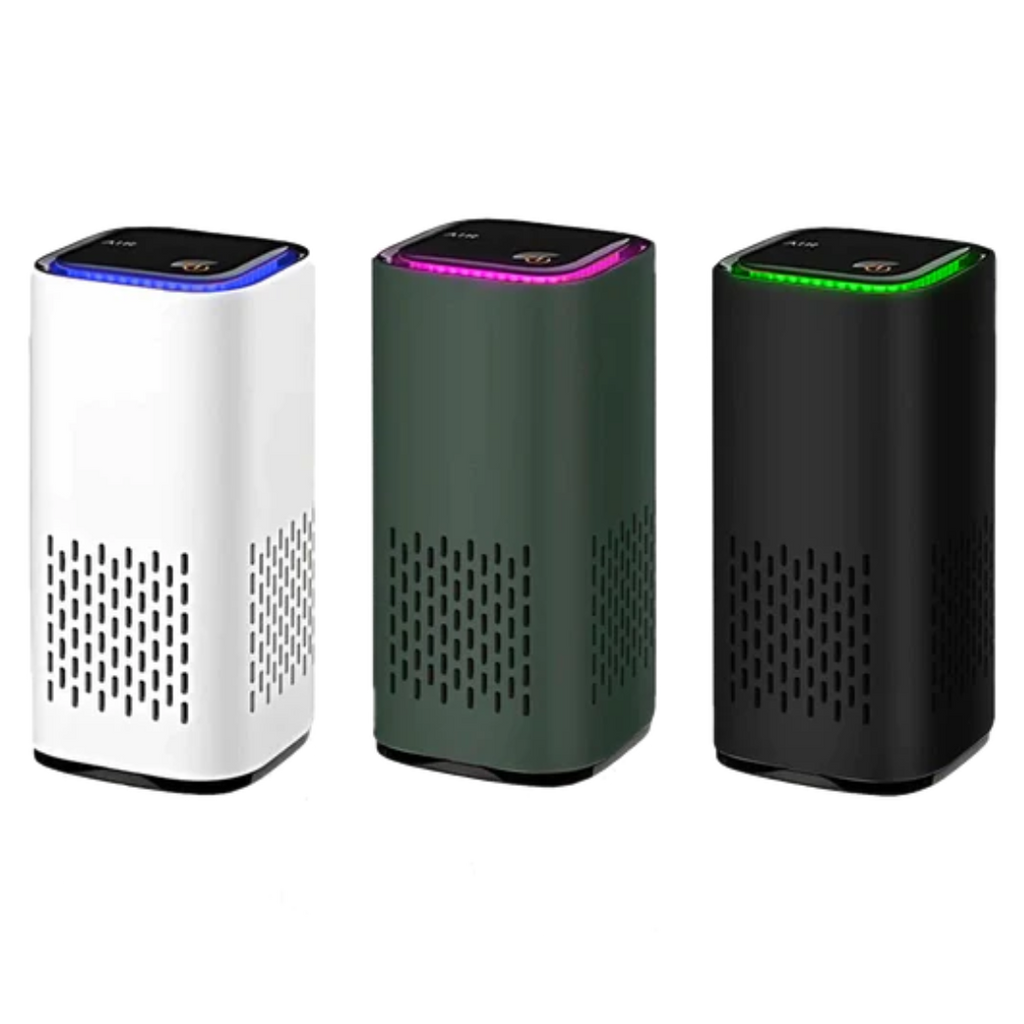 Compact air purifier in white, green, and black with LED-lit top panels