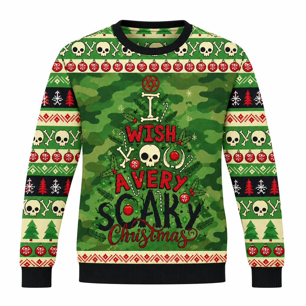 GrungeFest Christmas sweater in green with skull icons and holiday lettering.